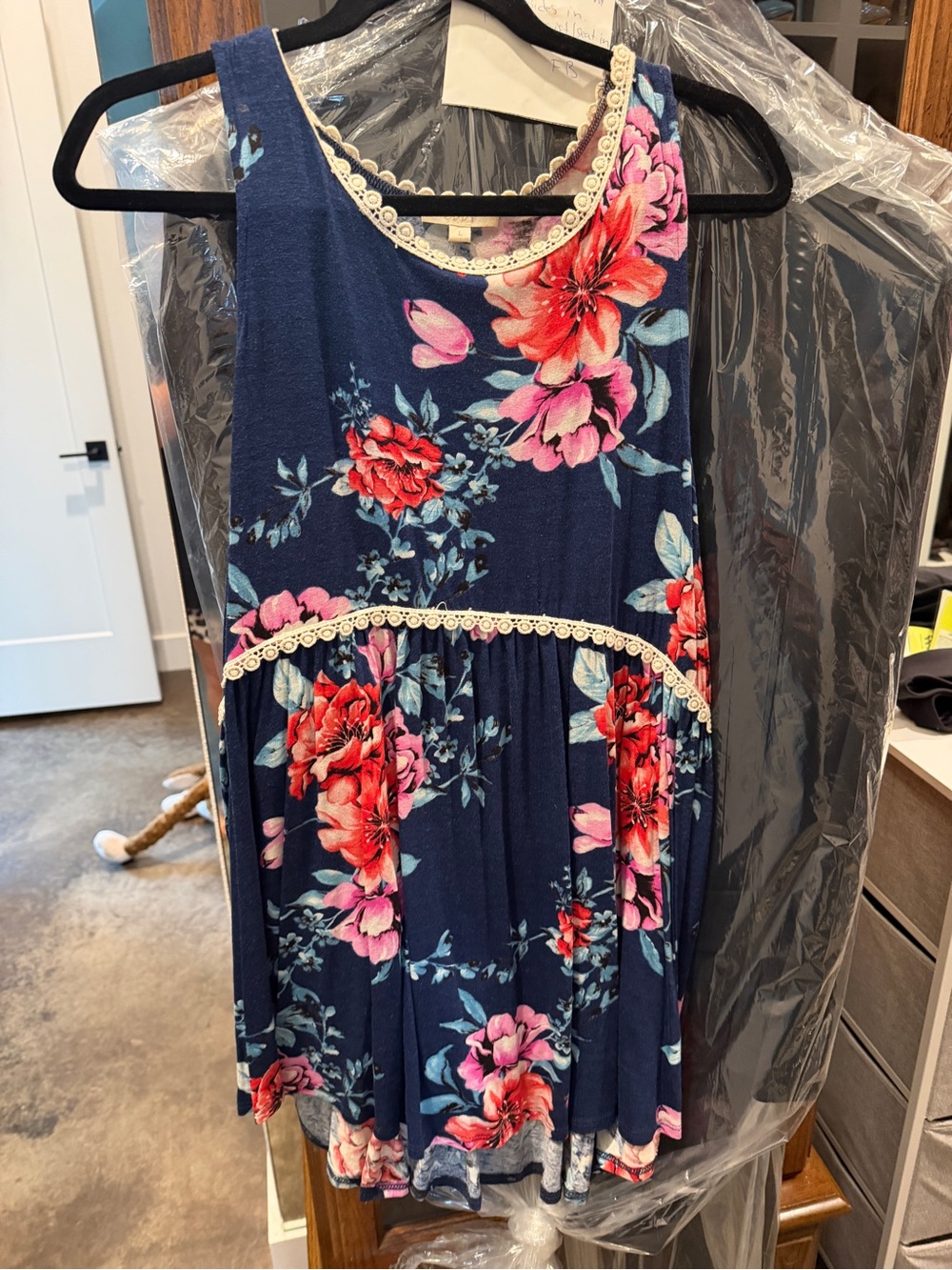 Girls Navy Floral Lace-Trim Swing top